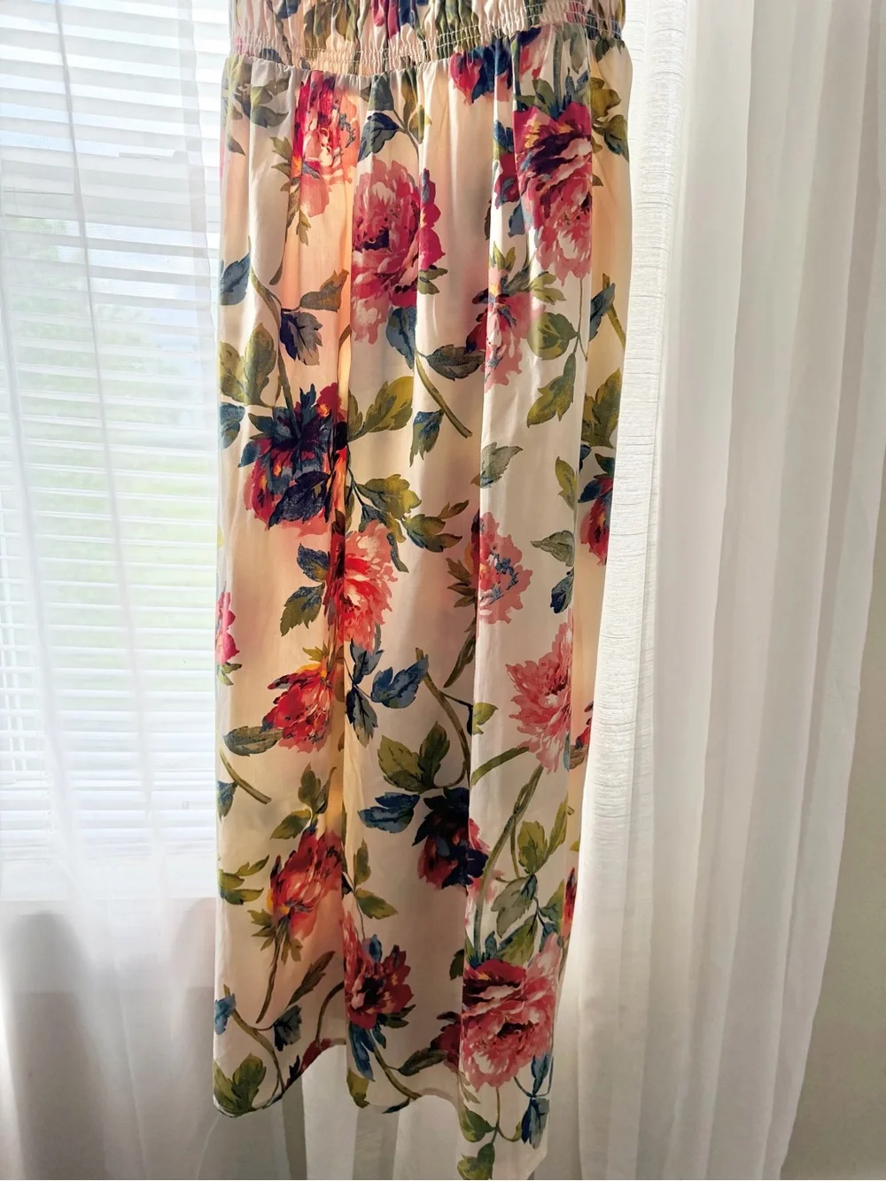 Abercrombie Floral Puff-Sleeve Midi Dress in Cream and Pink